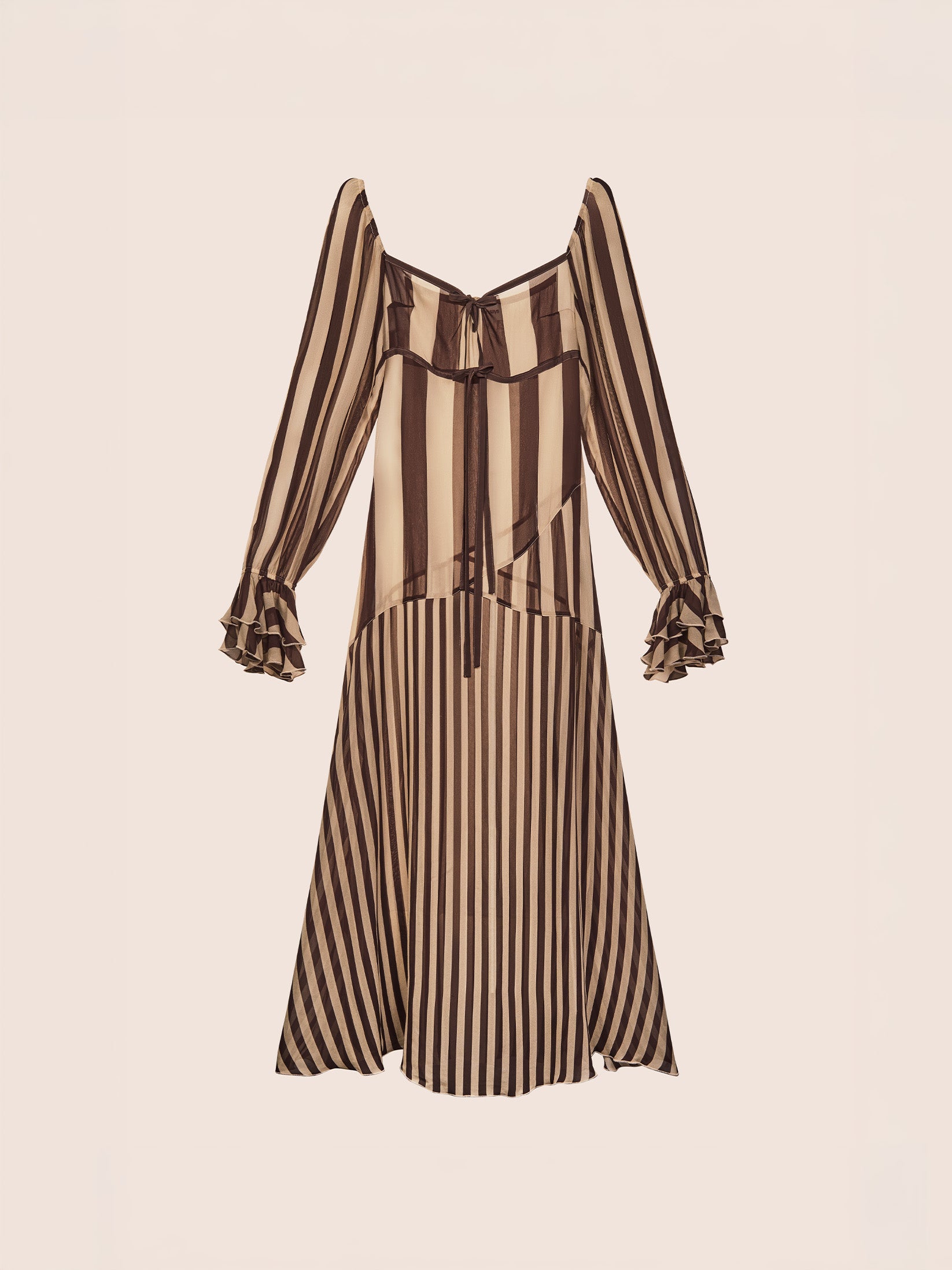 Long brown and cream striped dress with a square neckline