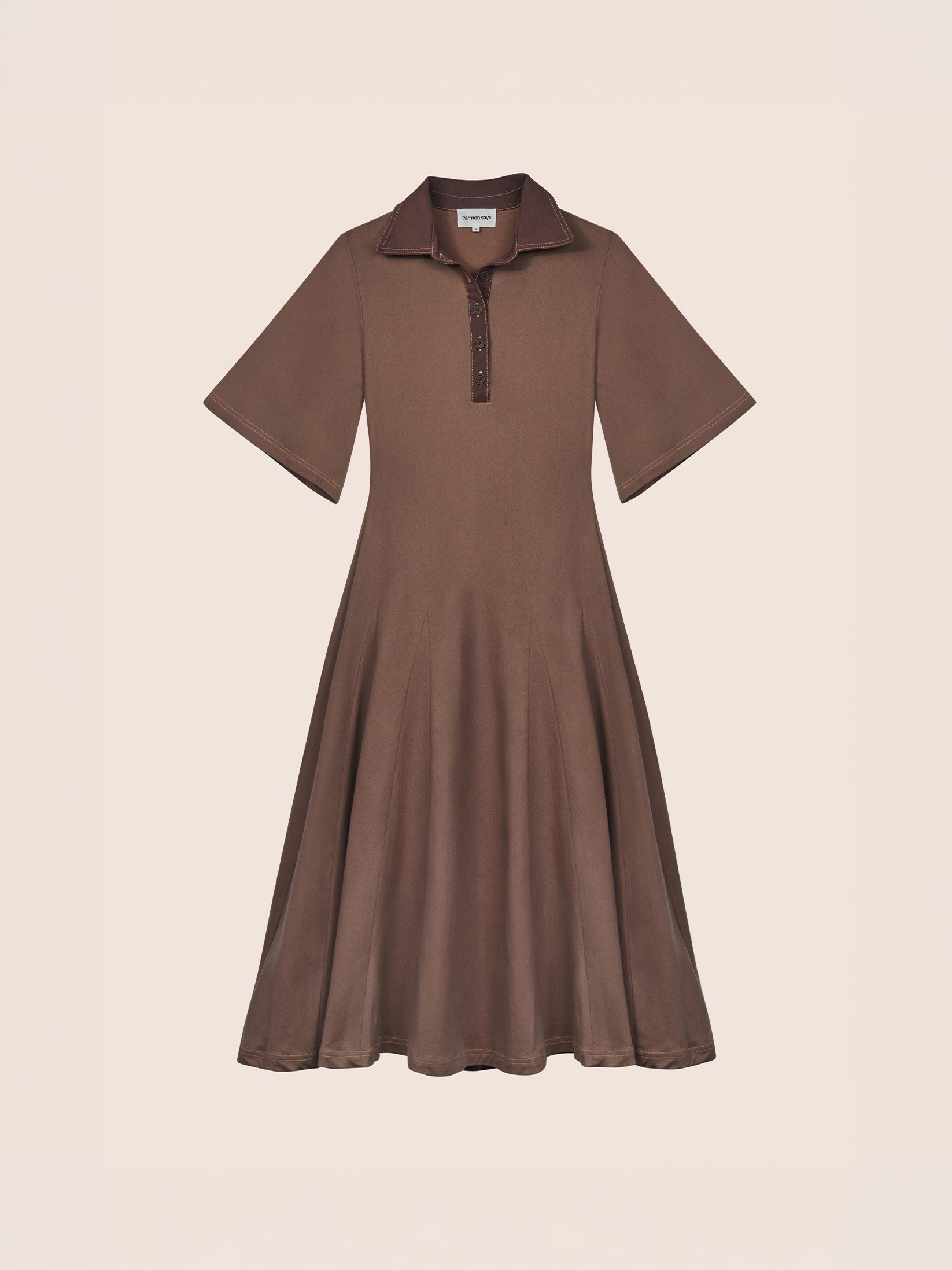 Brown midi dress with shirt collar and cape sleeves