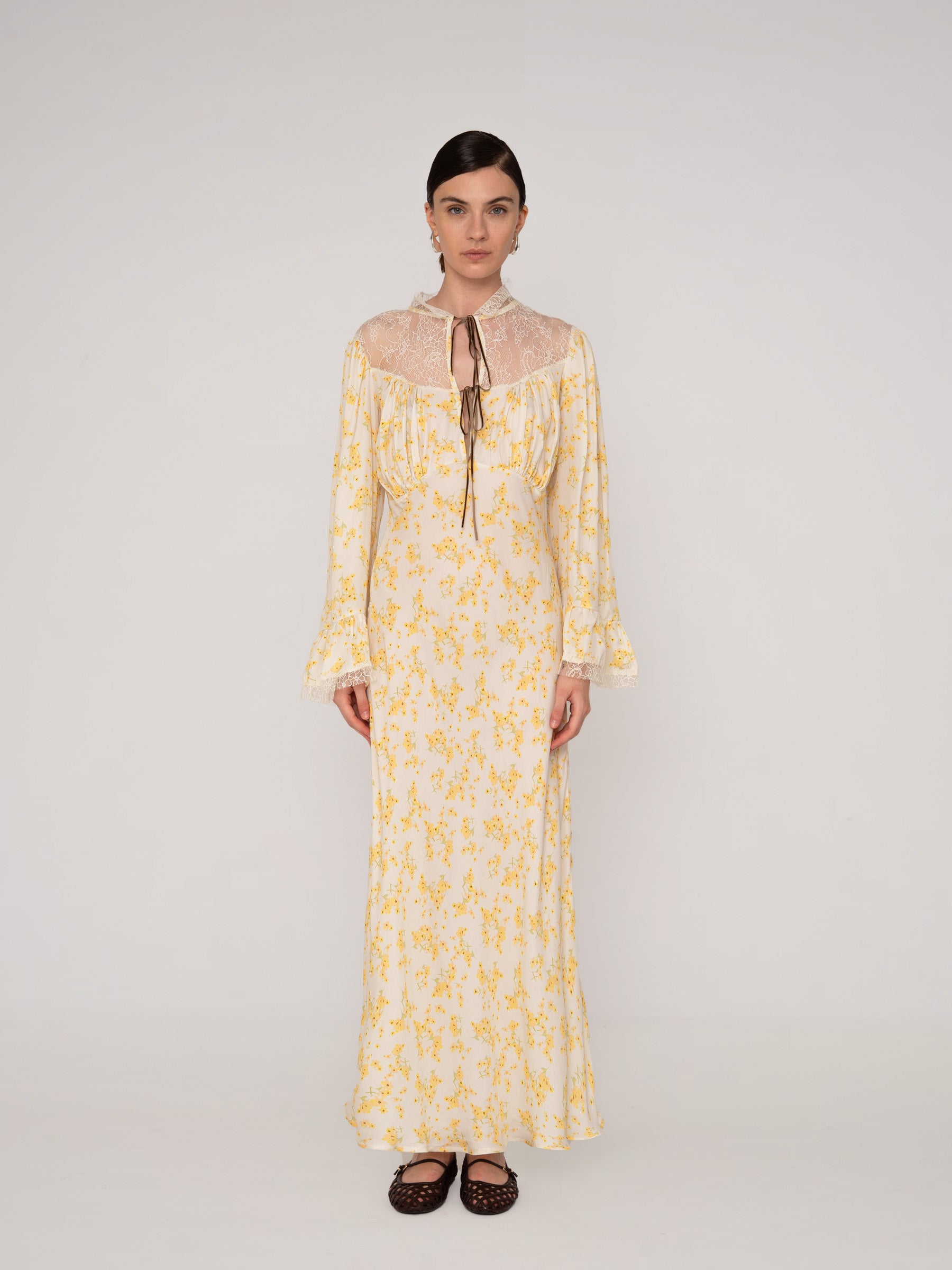 Long floral dress with yellow bows