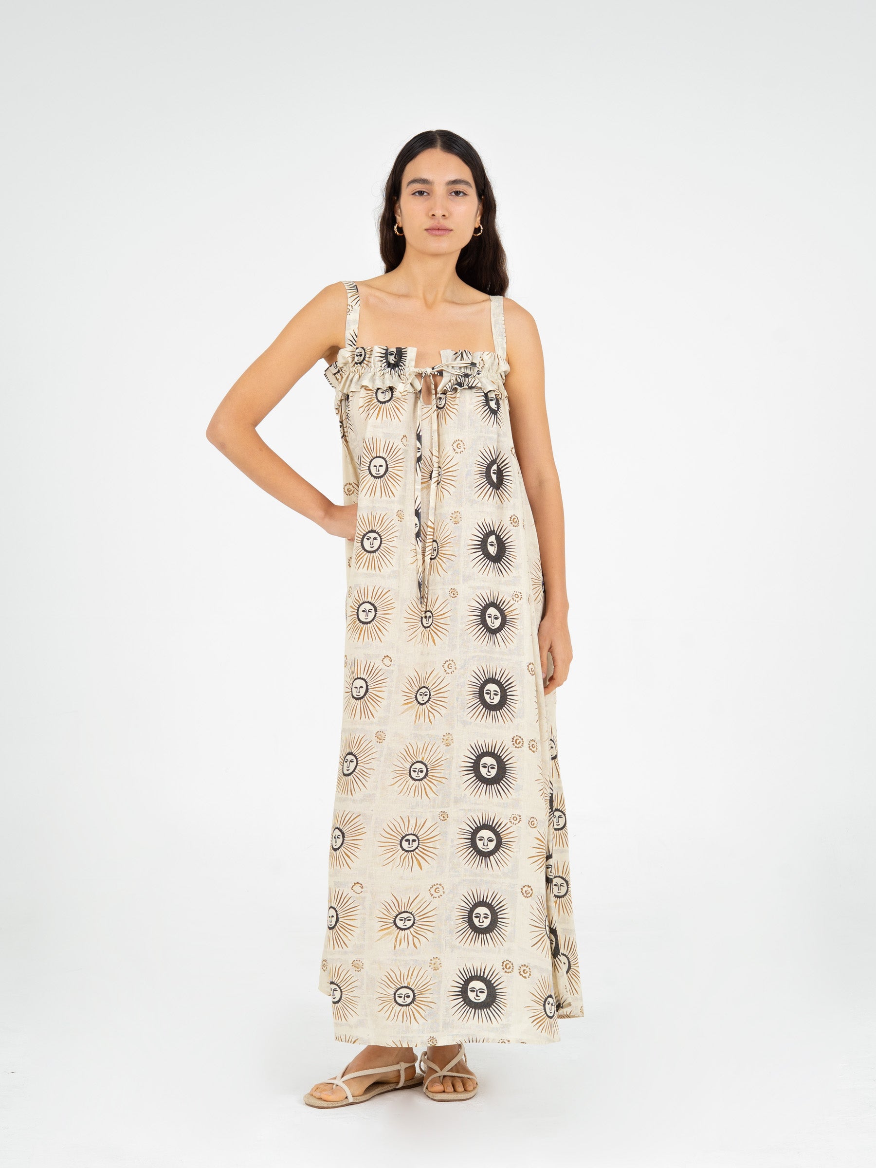 clara maxi dress Clara long dress with black and ochre sun print
