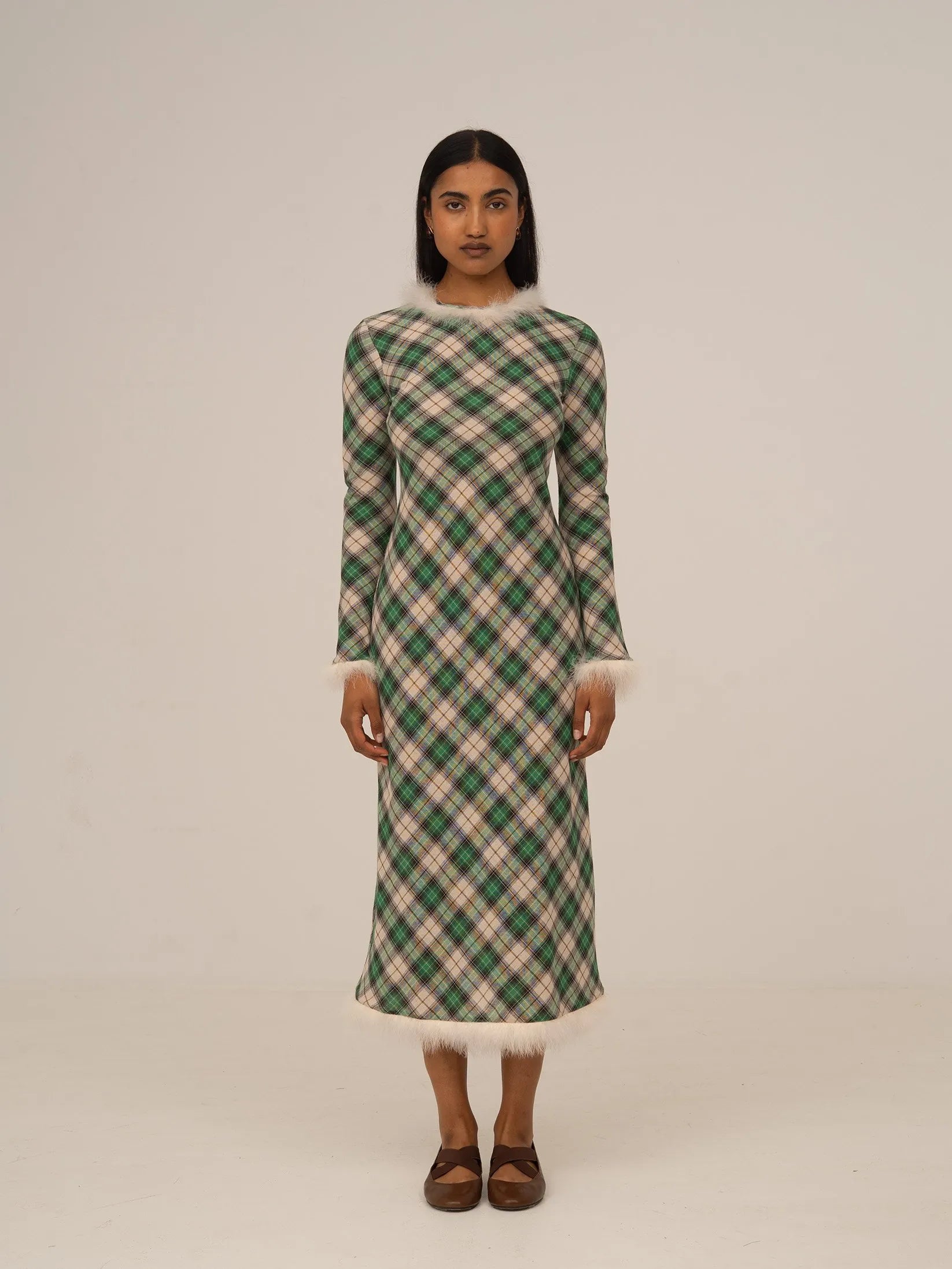 knee length dresses for ladies Mocha Tartan Plaid Midi Dress