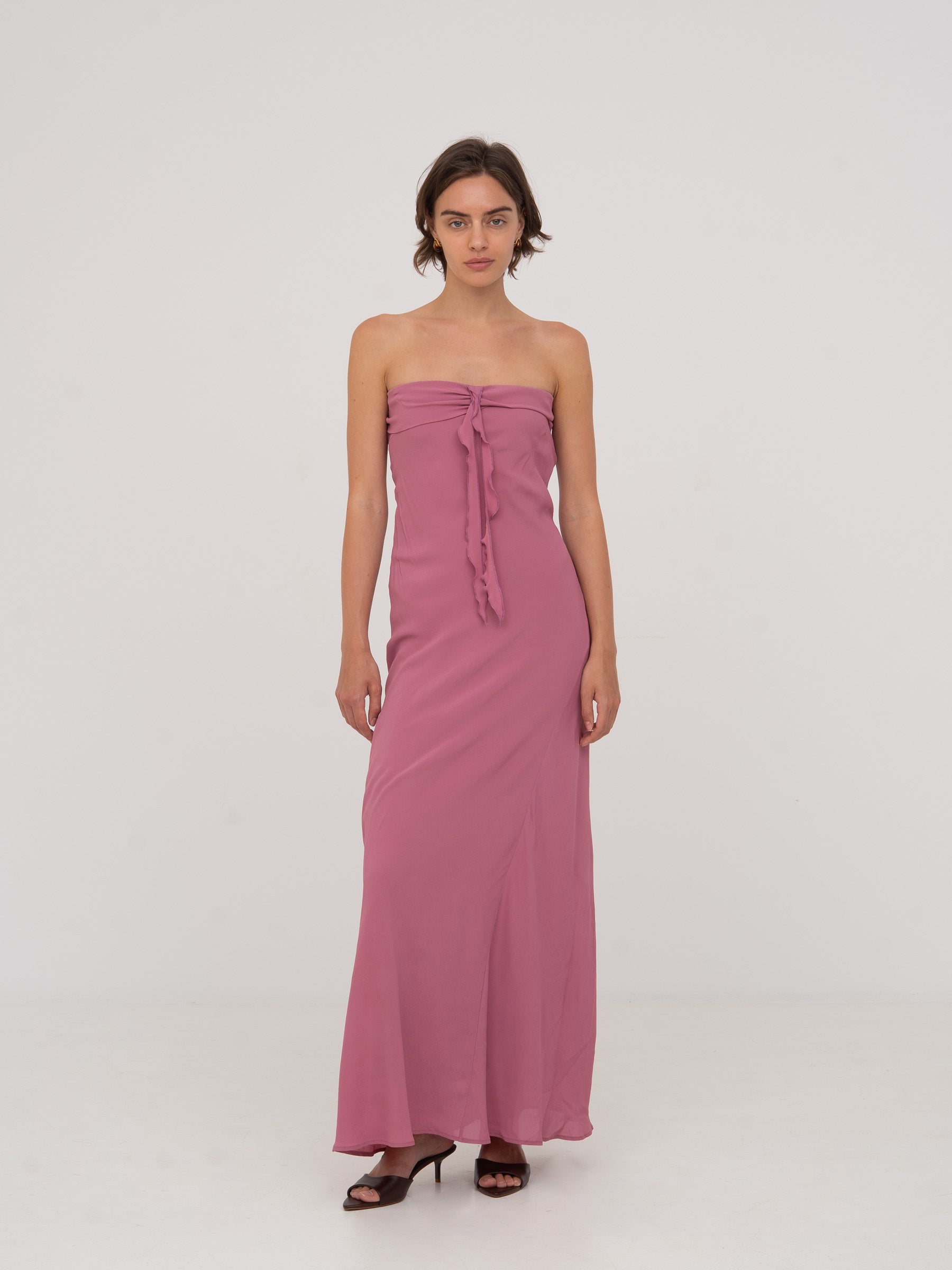 Pink strapless long dress with ruffles | CARMEN SAYS Pink strapless long dress with ruffles | CARMEN SAYS