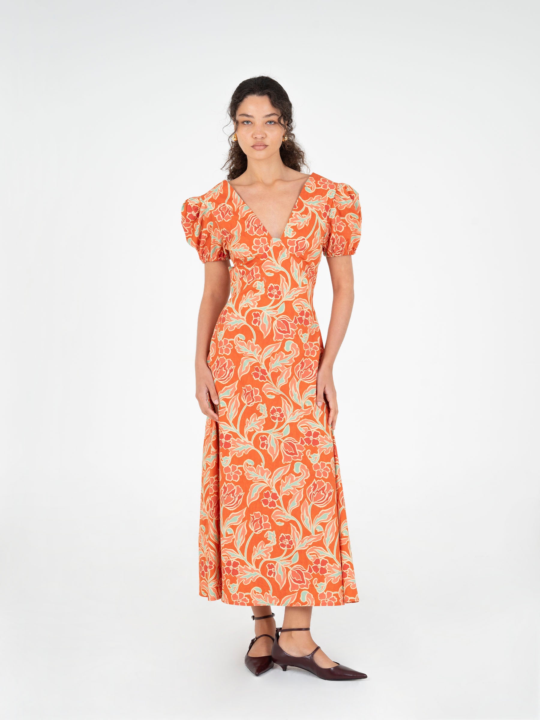 orange floral midi dress Orange floral print long dress with a V-neckline