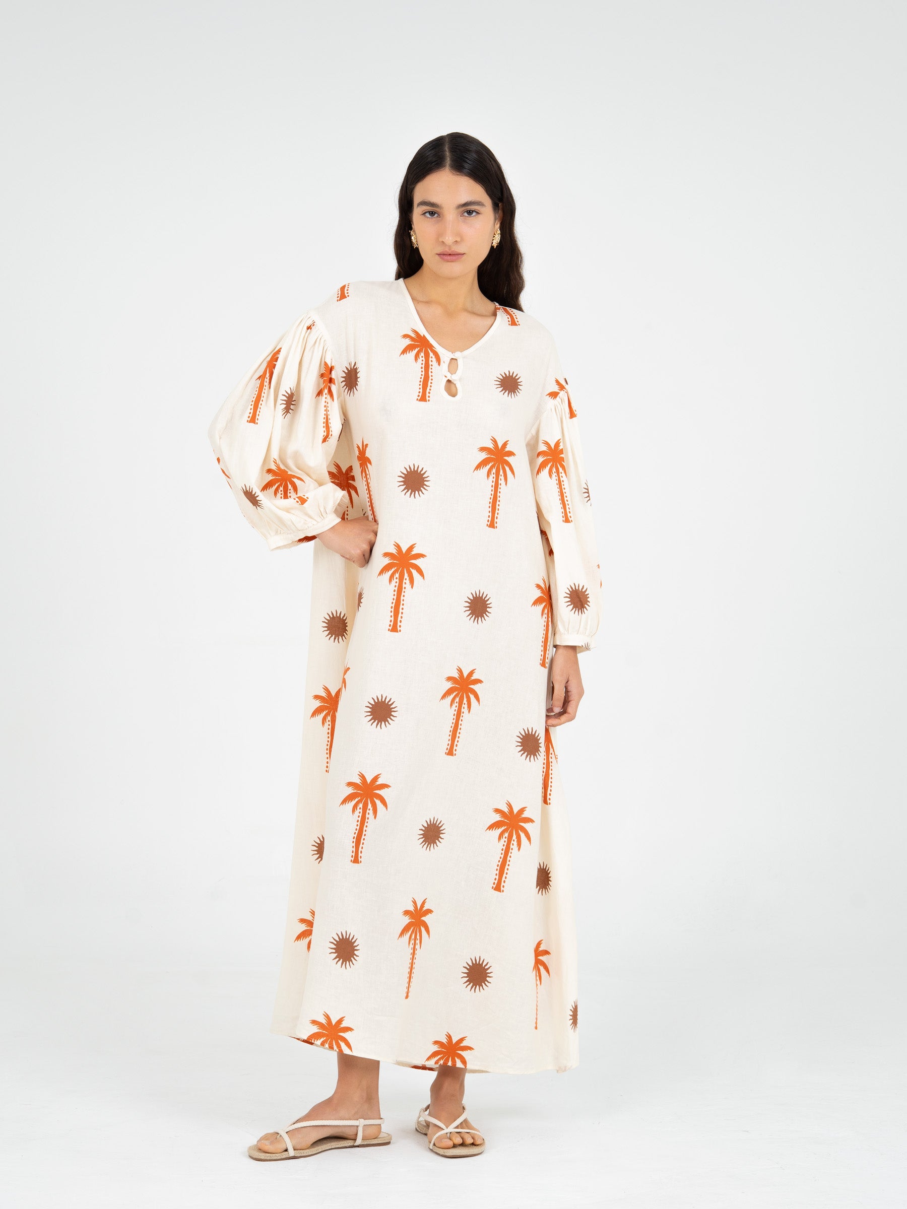 Lux Palm orange and brown print long dress