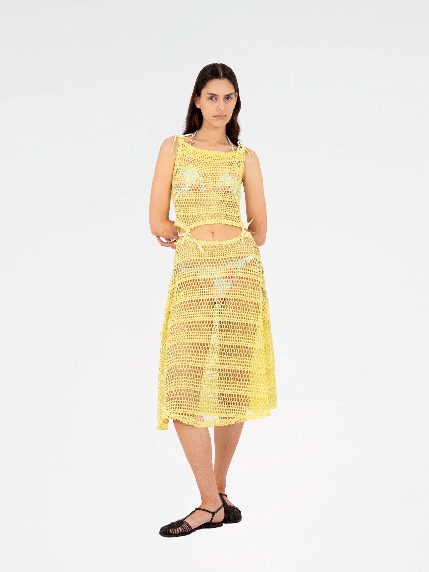 Yellow openwork knit midi dress with bows | CARMEN SAYS Yellow openwork knit midi dress with bows | CARMEN SAYS