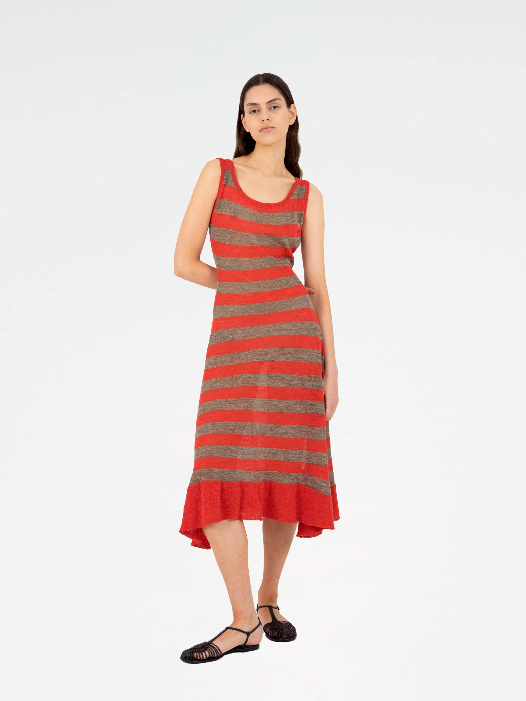 Red and brown striped sleeveless knit dress