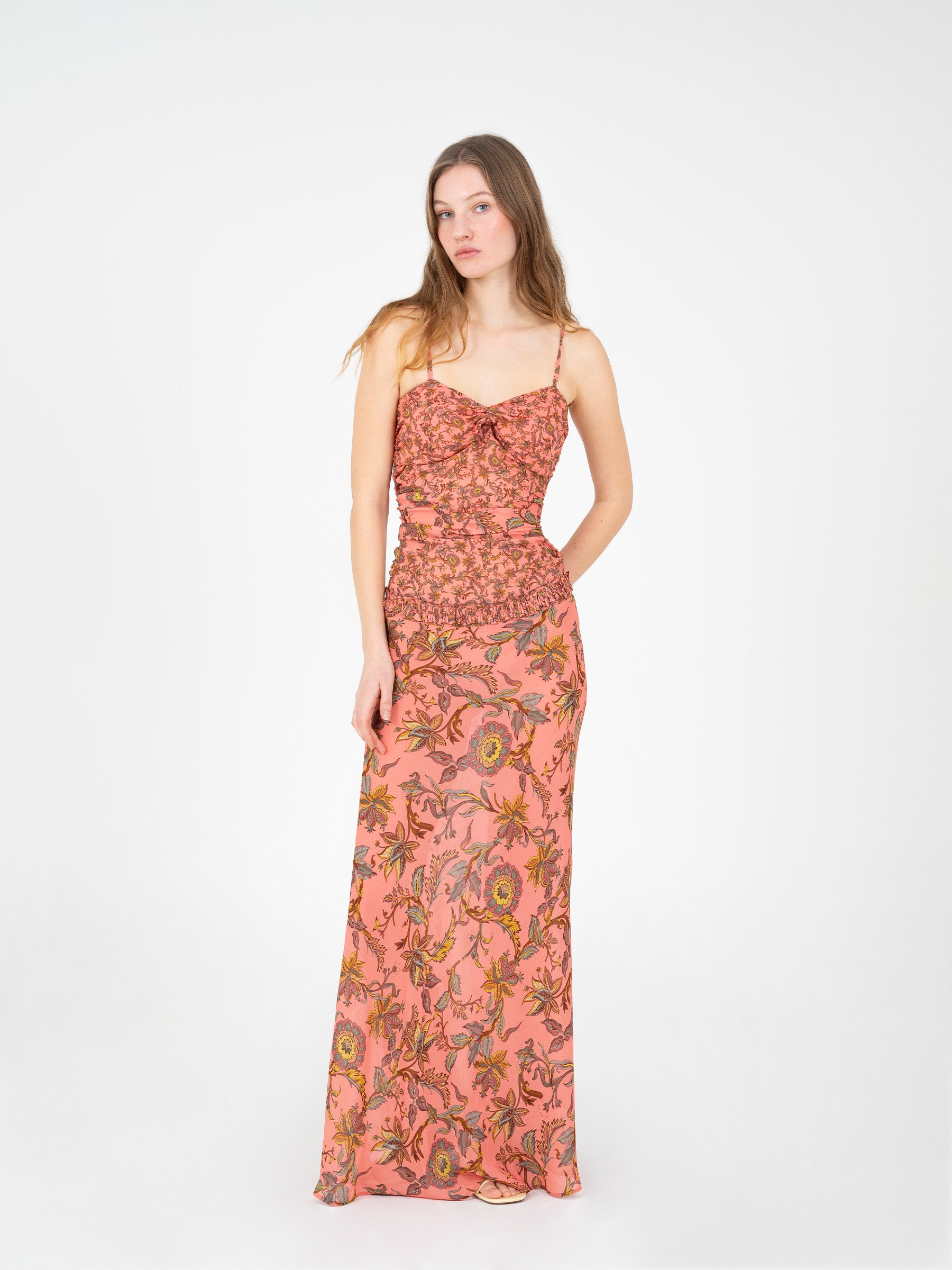 fitted lace wedding dress Air Of Refinement Floral Maxi Dress- Orange & Pink