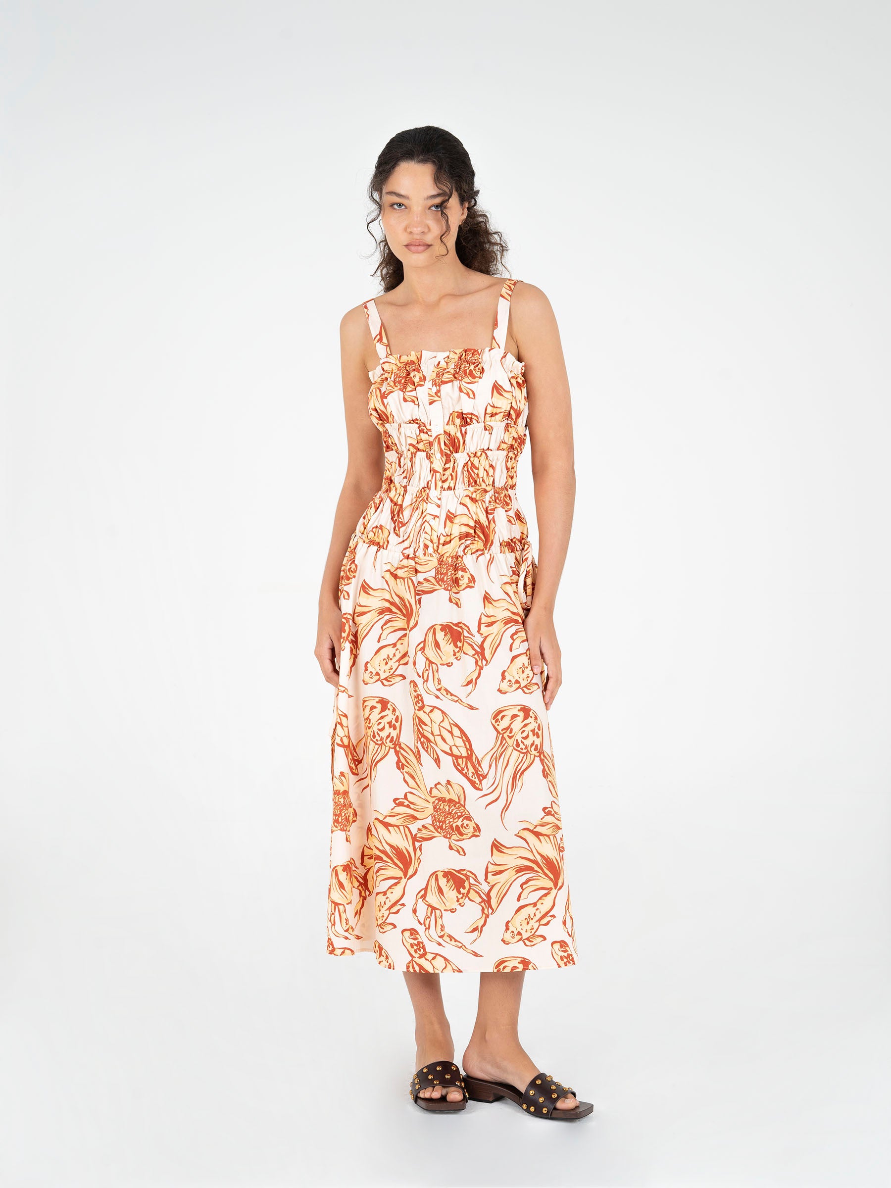 Long dress with a koi fish print in orange tones | CARMEN SAYS Long dress with a koi fish print in orange tones | CARMEN SAYS