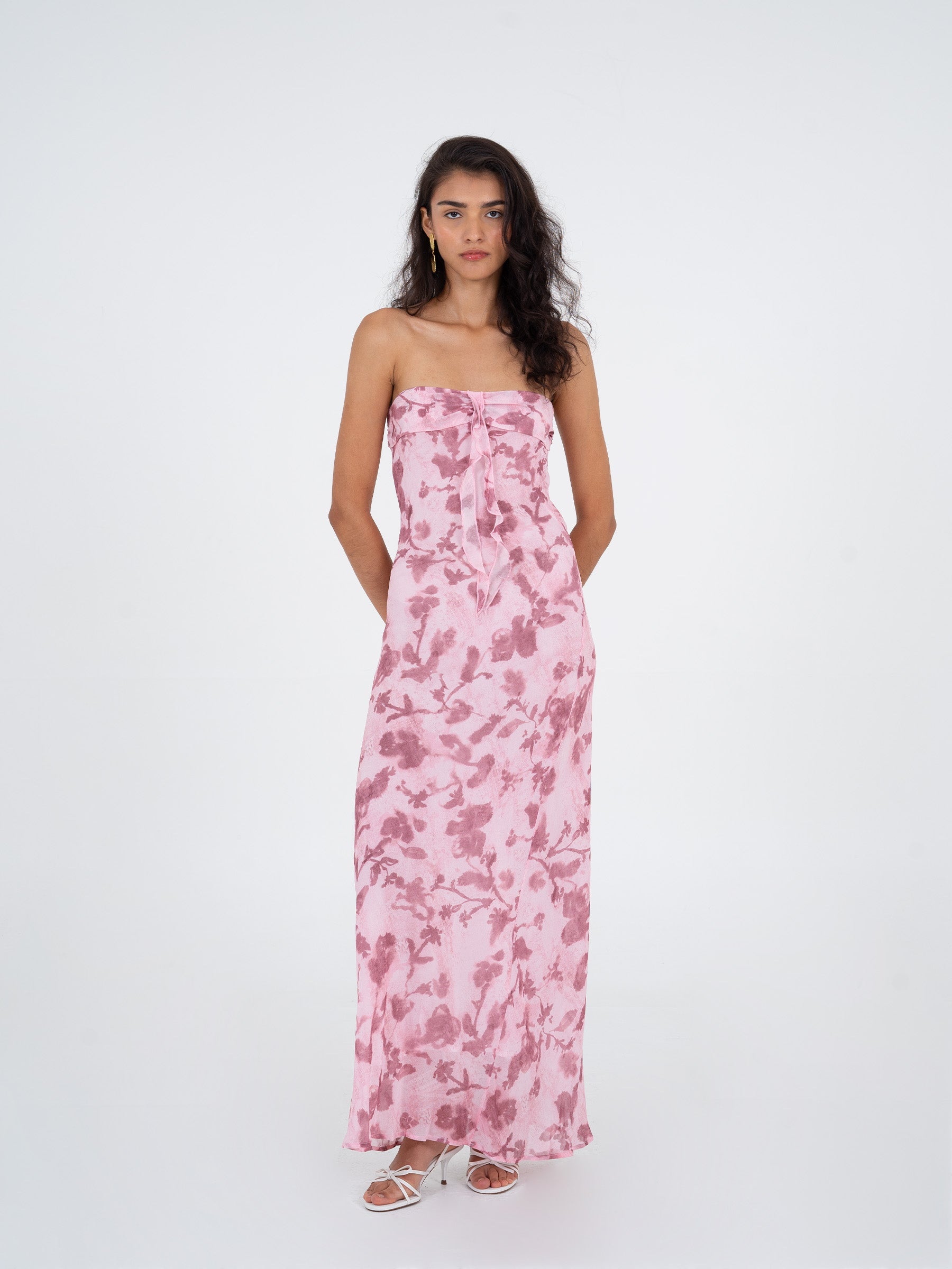 womens pink floral dress Elegant pink floral strapless maxi dress