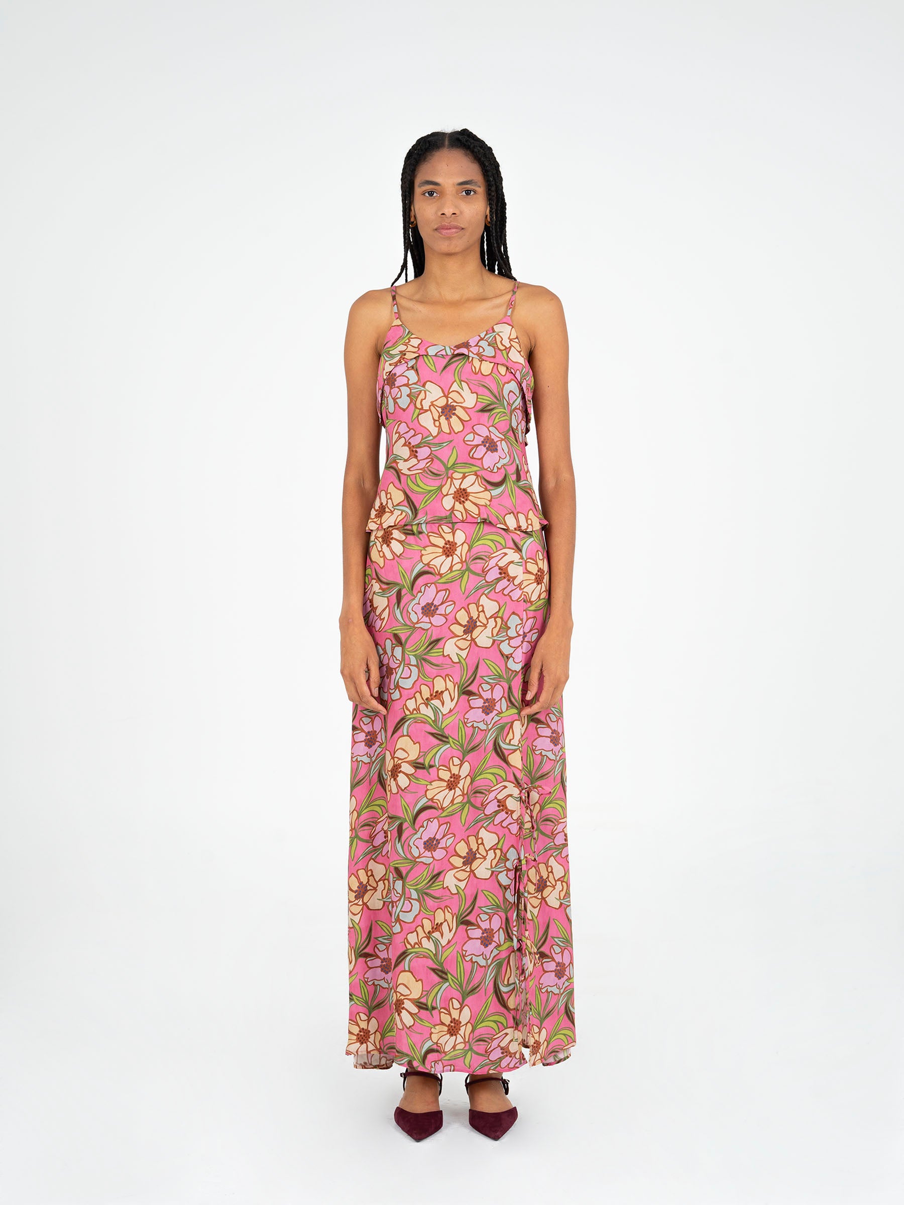 Pink floral print maxi skirt with side slit | Carmen Says