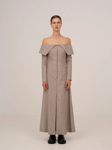 Bardot Brown Striped Off Shoulder Maxi Dress