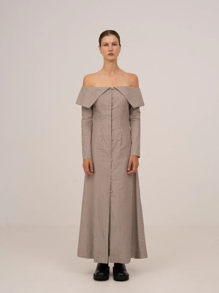 Bardot Brown Striped Off Shoulder Maxi Dress