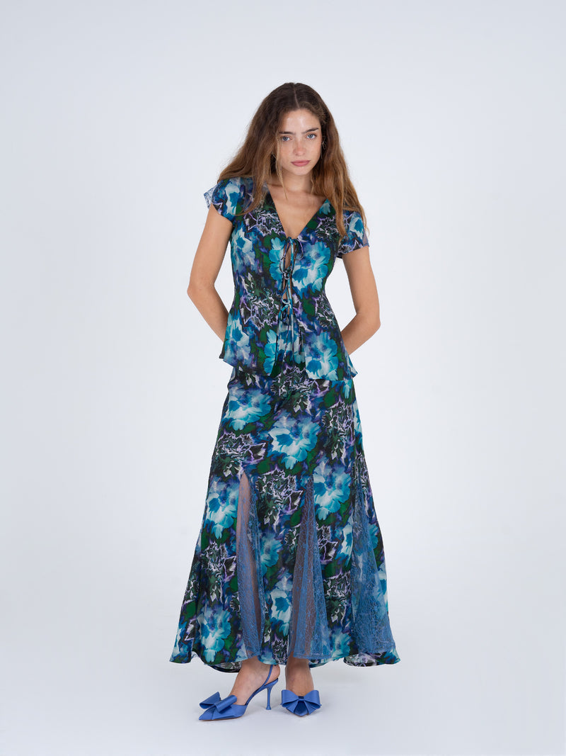 Blue Lotus Flower Print and Lace Skirt falda