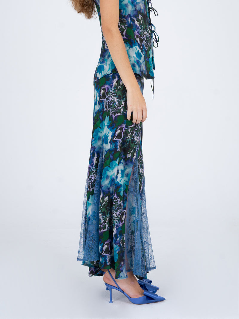 Blue Lotus Flower Print and Lace Skirt falda