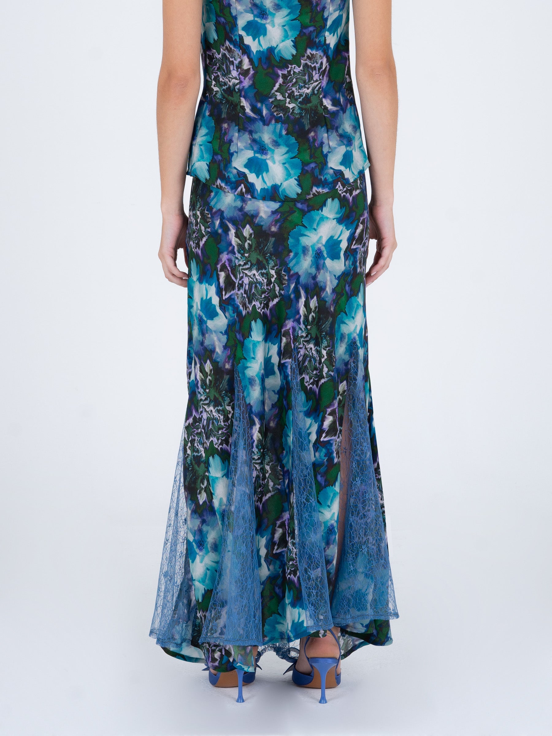 Blue Lotus Flower Print and Lace Skirt falda