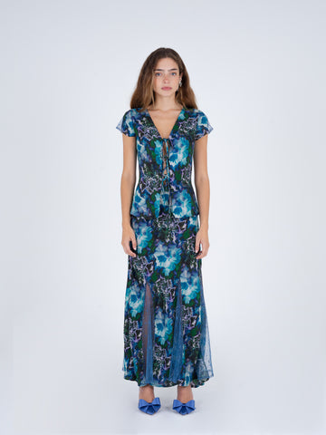 Blue Lotus Flower Print and Lace Skirt