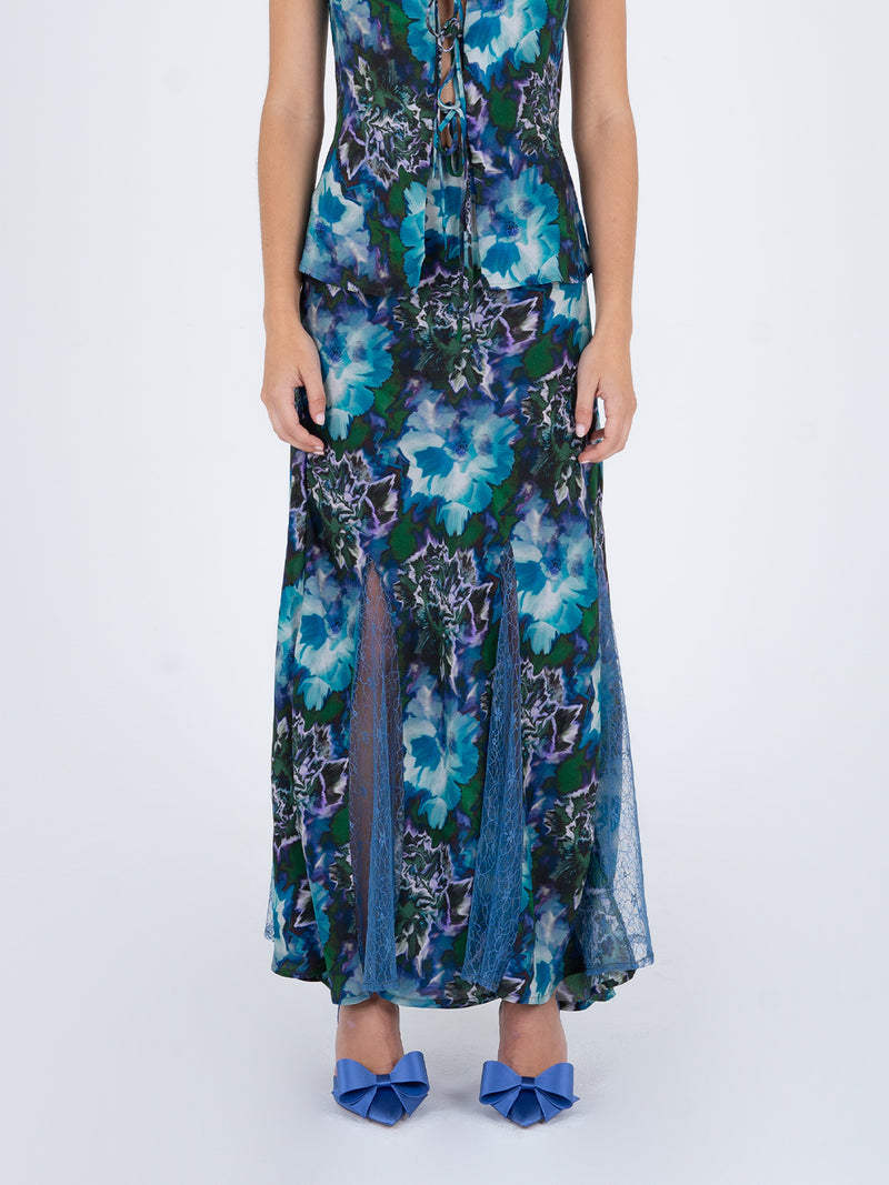 Blue Lotus Flower Print and Lace Skirt falda