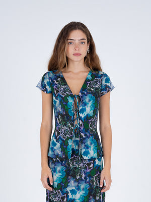 Blue Lotus Flower Print and Lace Top