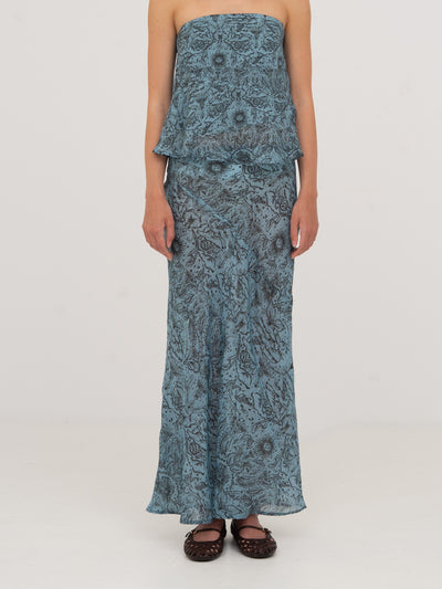 Blue Peony System-Printed Skirt