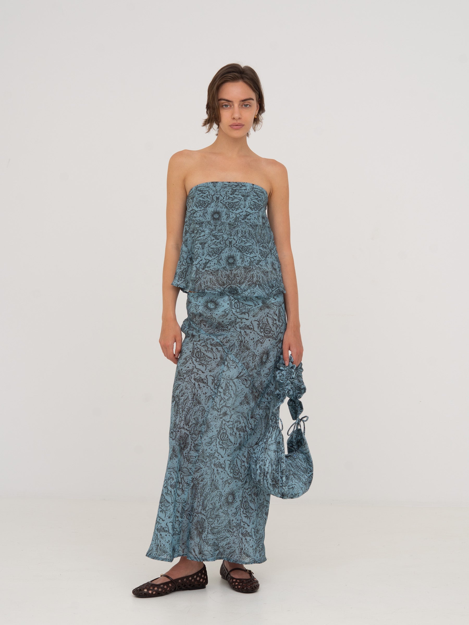 Blue Peony System-Printed Skirt falda