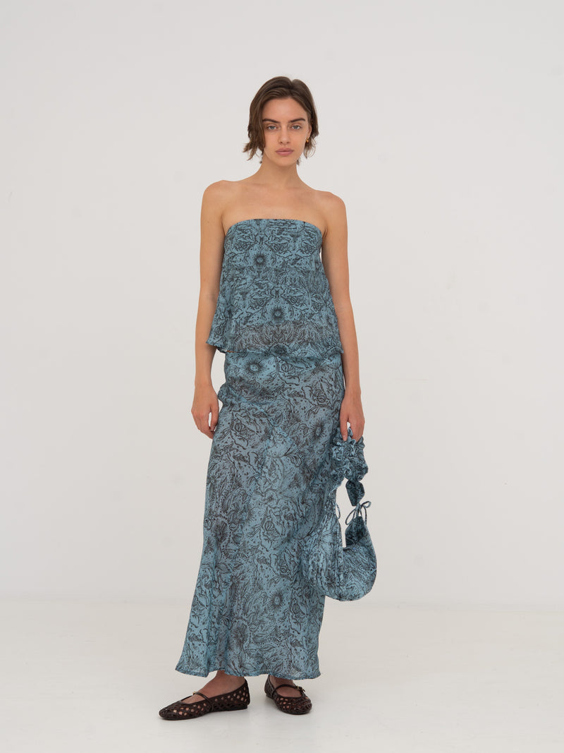 Blue Peony System-Printed Skirt falda