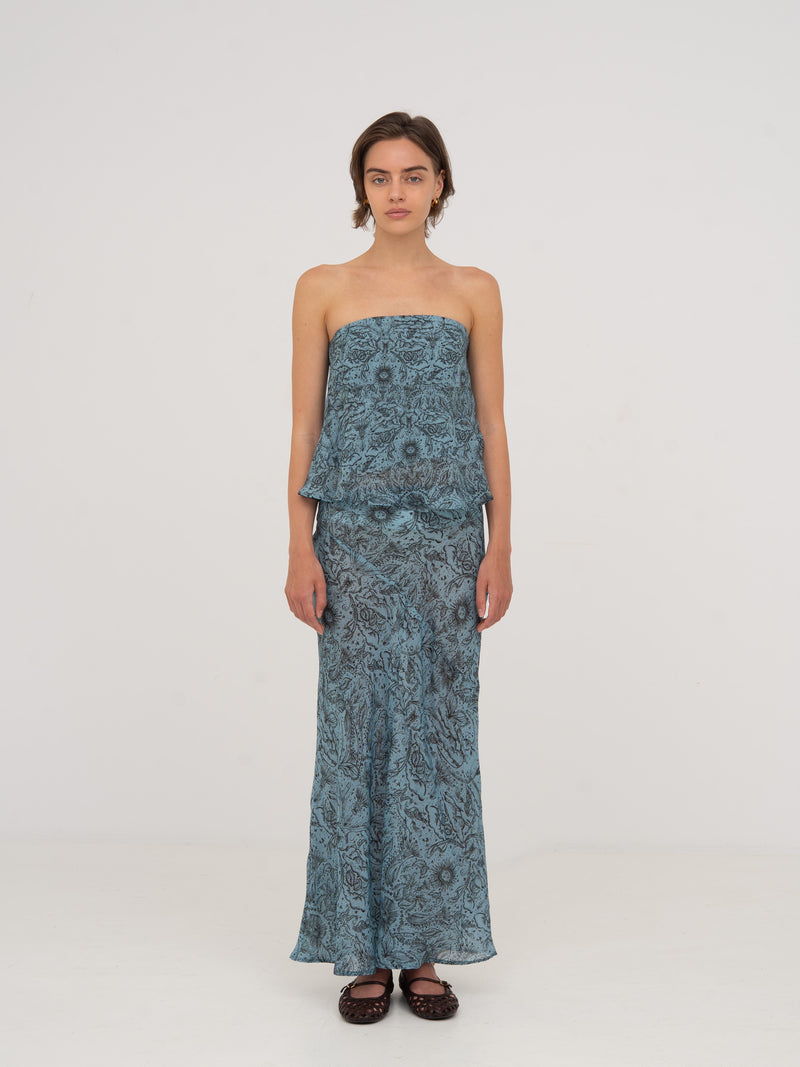Blue Peony System-Printed Skirt falda