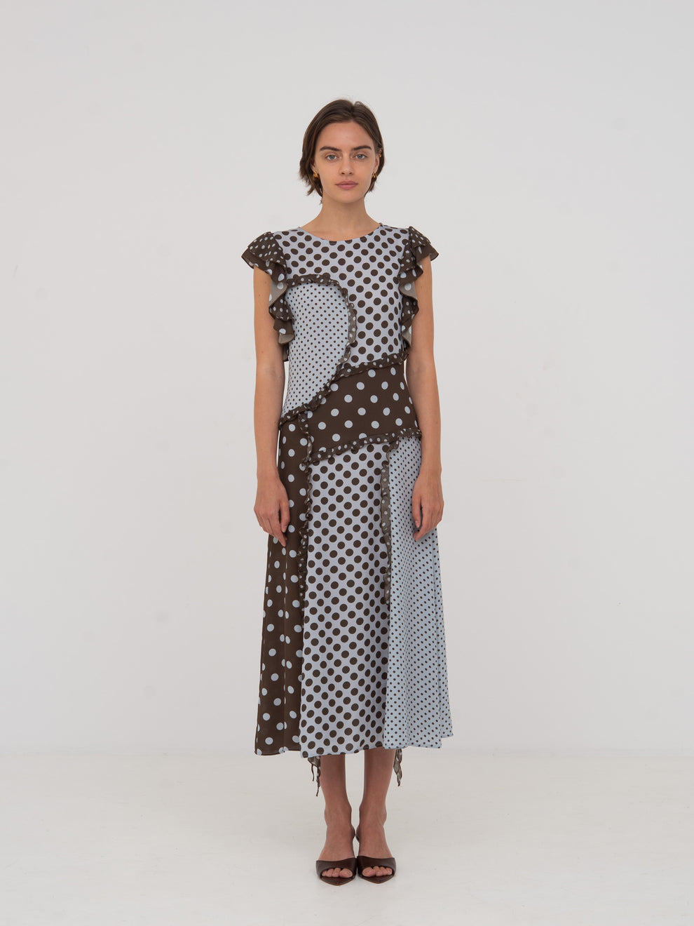 Blue Polka Dot Midi Dress in Blue and Brown