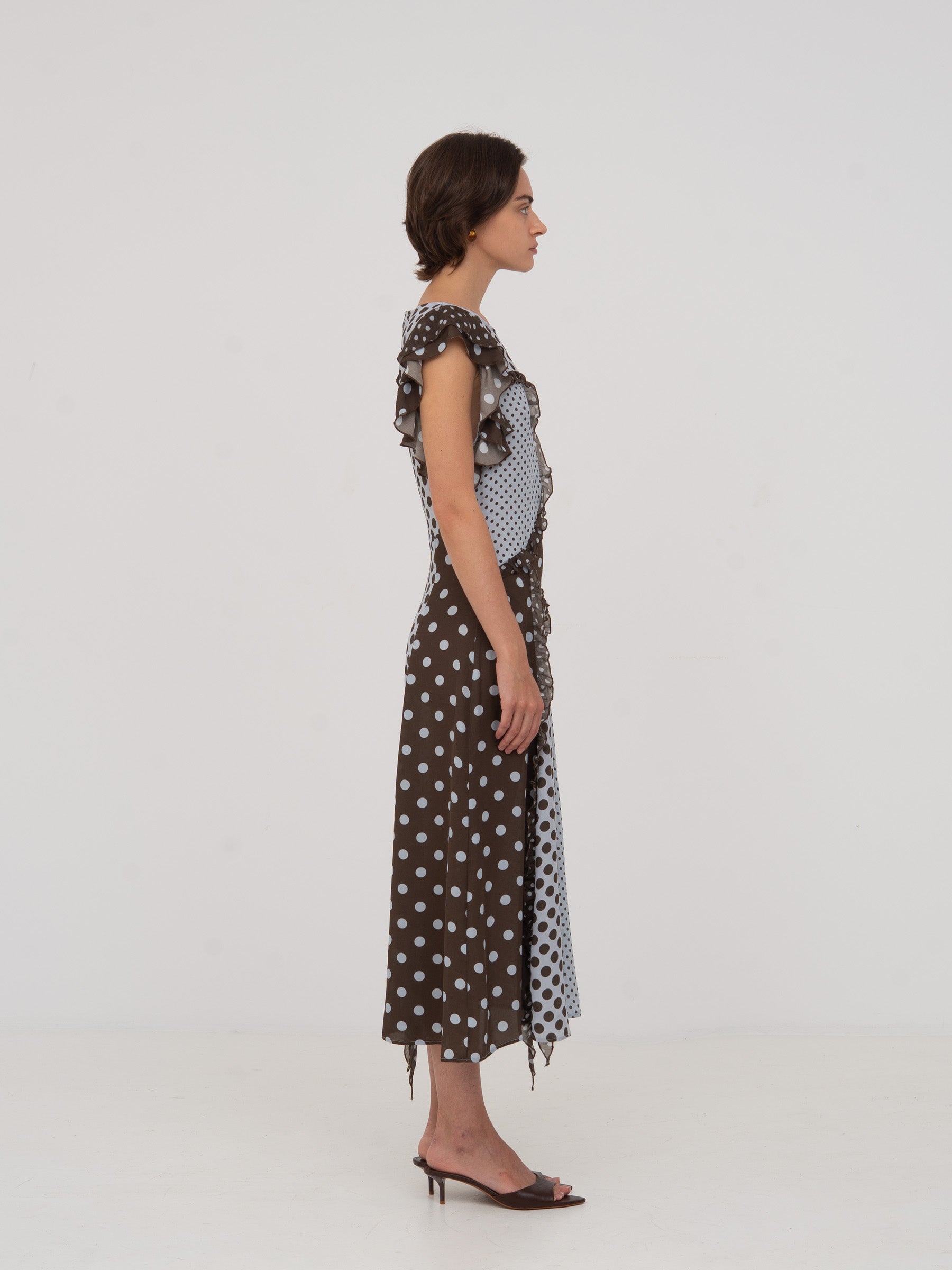 Blue Polka Dot Midi Dress in Blue and Brown | CARMEN SAYS Blue Polka Dot Midi Dress in Blue and Brown | CARMEN SAYS