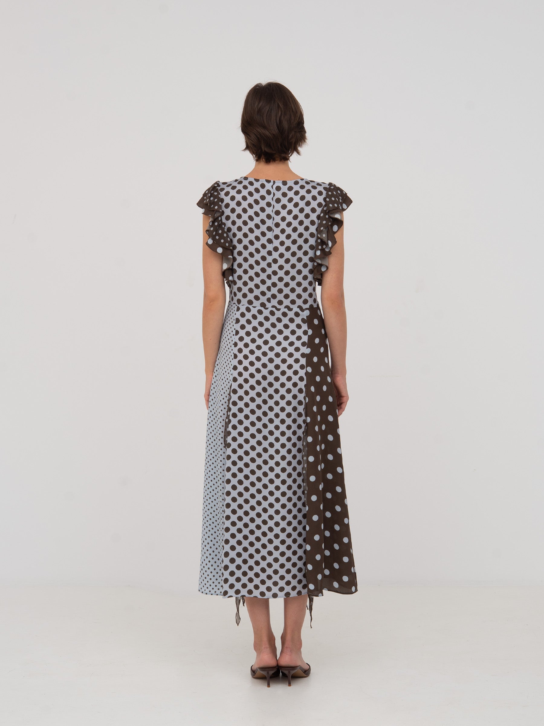 Blue Polka Dot Midi Dress in Blue and Brown