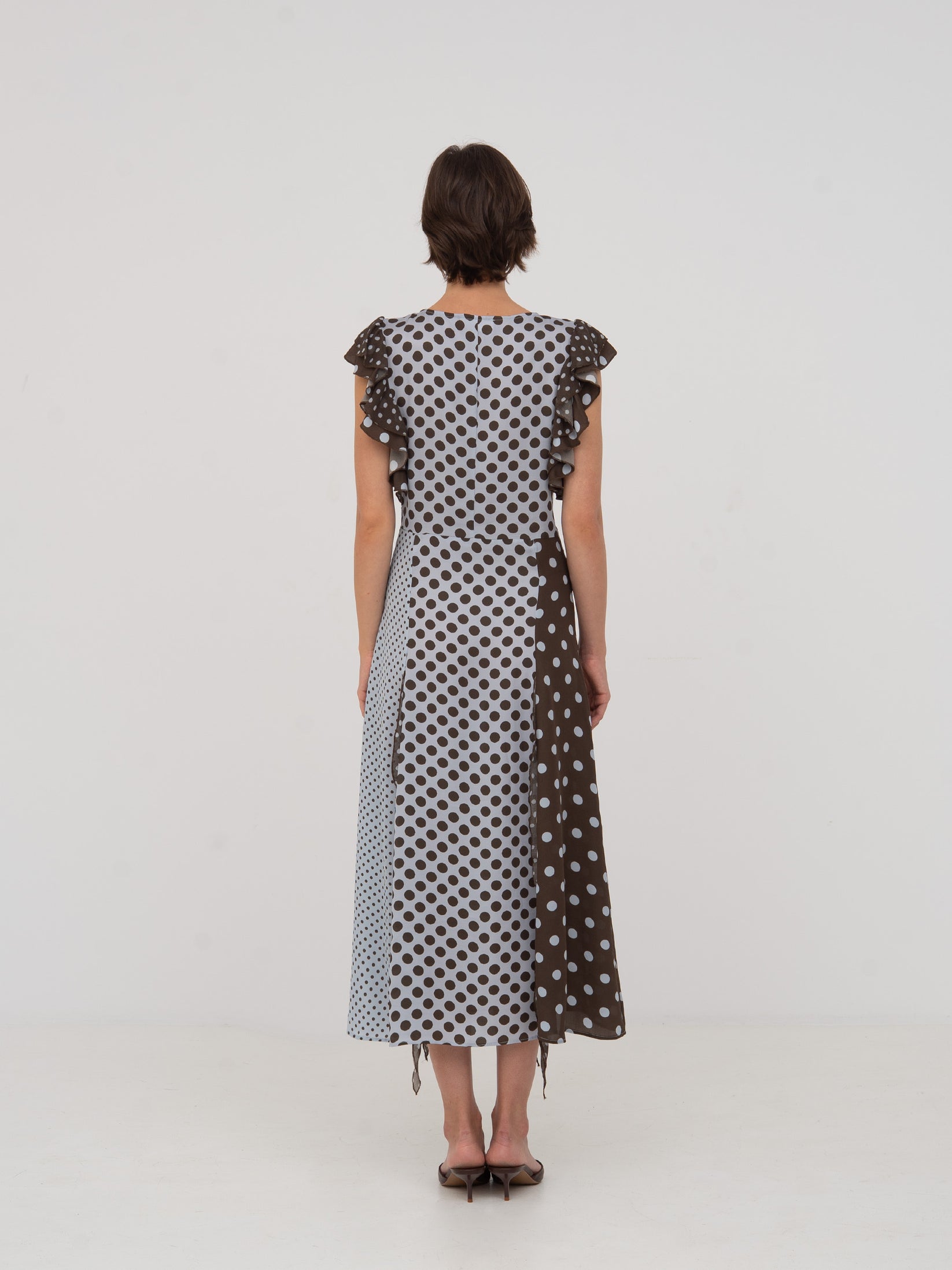 Blue Polka Dot Midi Dress in Blue and Brown