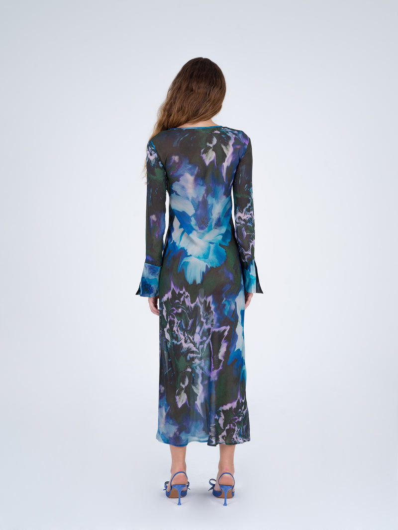 Blue Urania Flower Print Dress vestidos