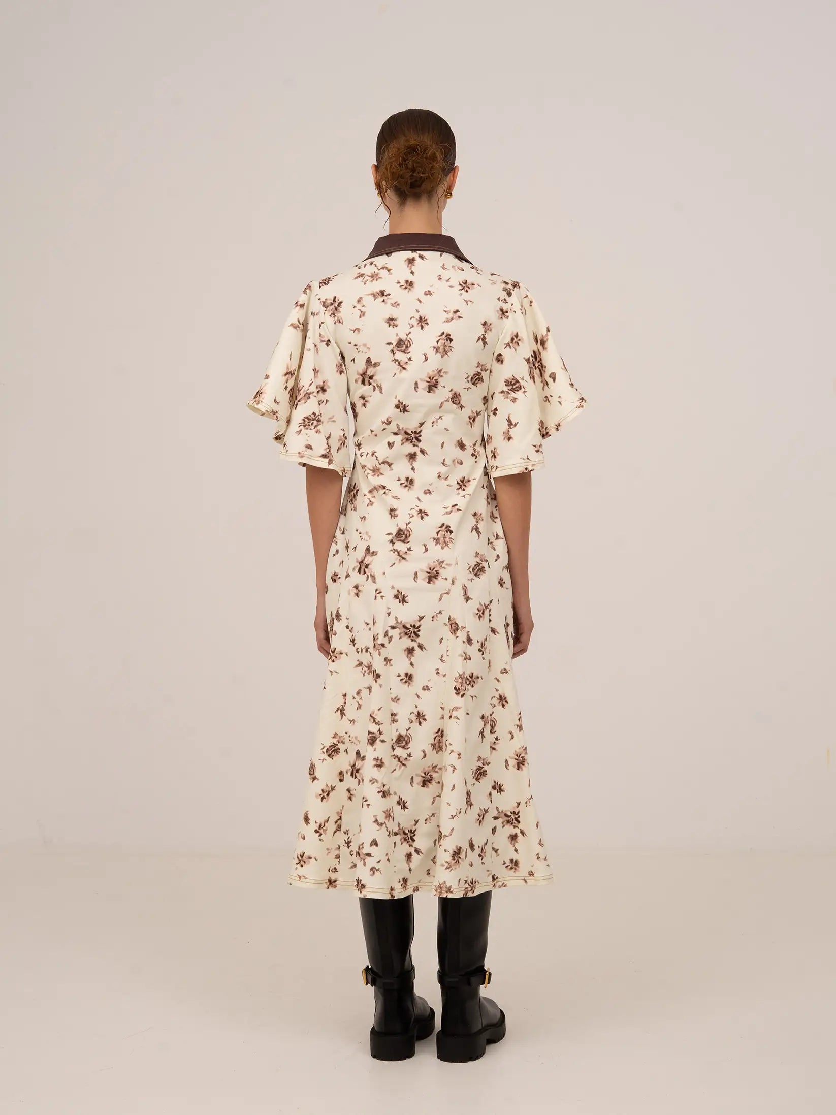 Brown floral midi dress with cape collar and sleeves