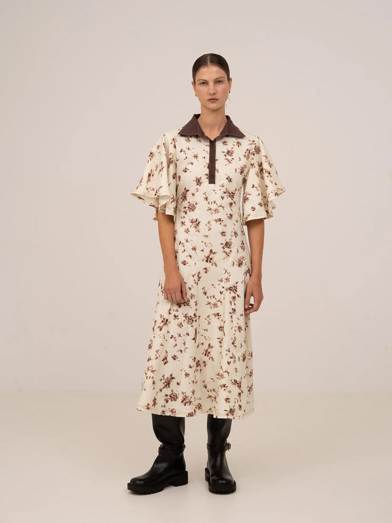 Brown Blooms Flower Print Midi Dress