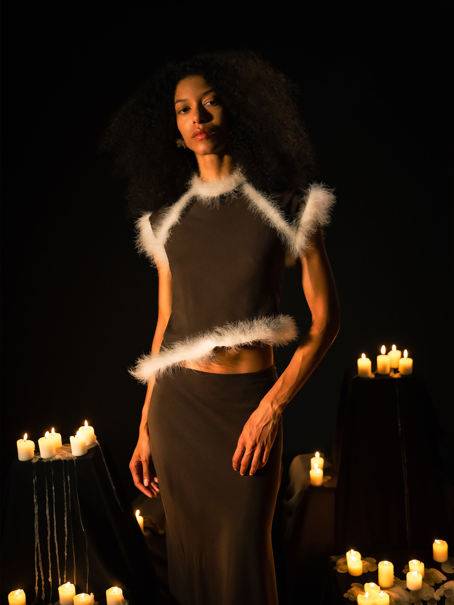Brown Balance long skirt with feathers at the hem | Carmen Says