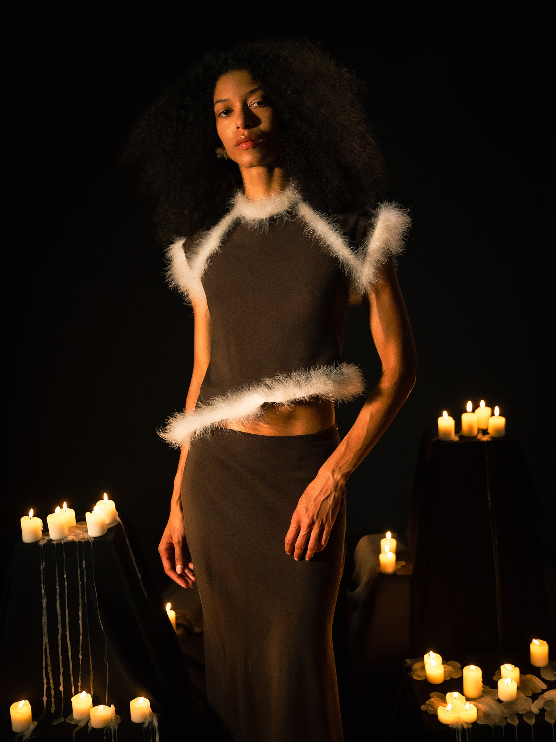 Brown Balance asymmetric top with contrasting feathers | CARMEN SAYS