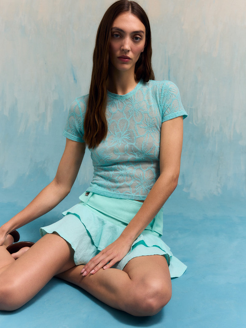 Mist Aqua Lace Cropped T-shirt