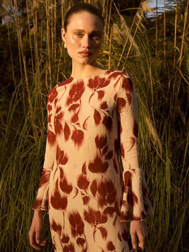 Red Jester Flower Print Midi Dress
