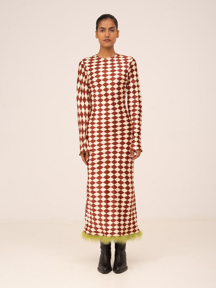 Elf Diamond Print Red Feather Dress