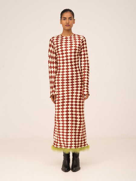 red and white patterned dress 1970s Red and White Floral Maxi