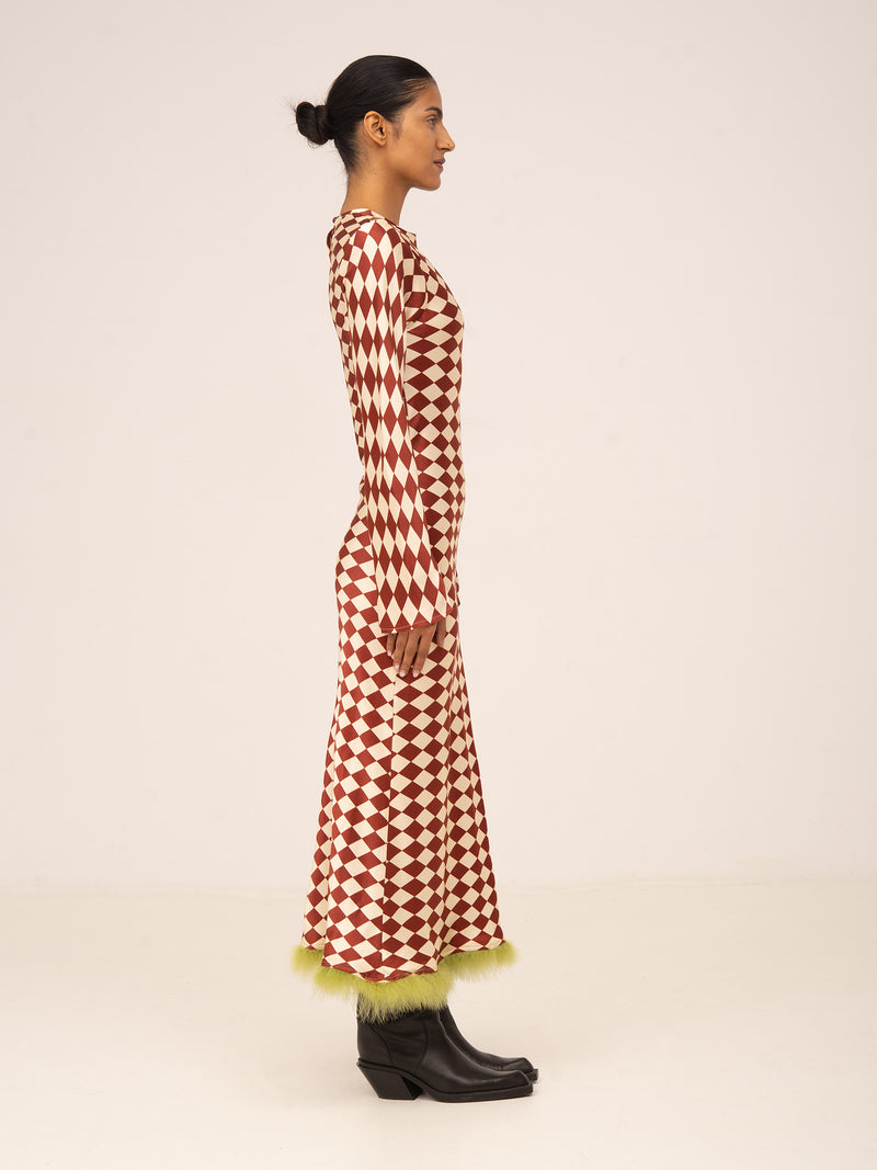Elf Diamond Print Red Feather Dress