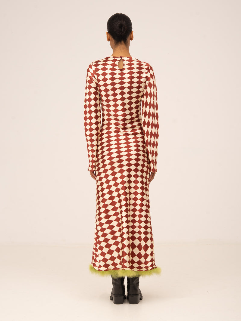Elf Diamond Print Red Feather Dress