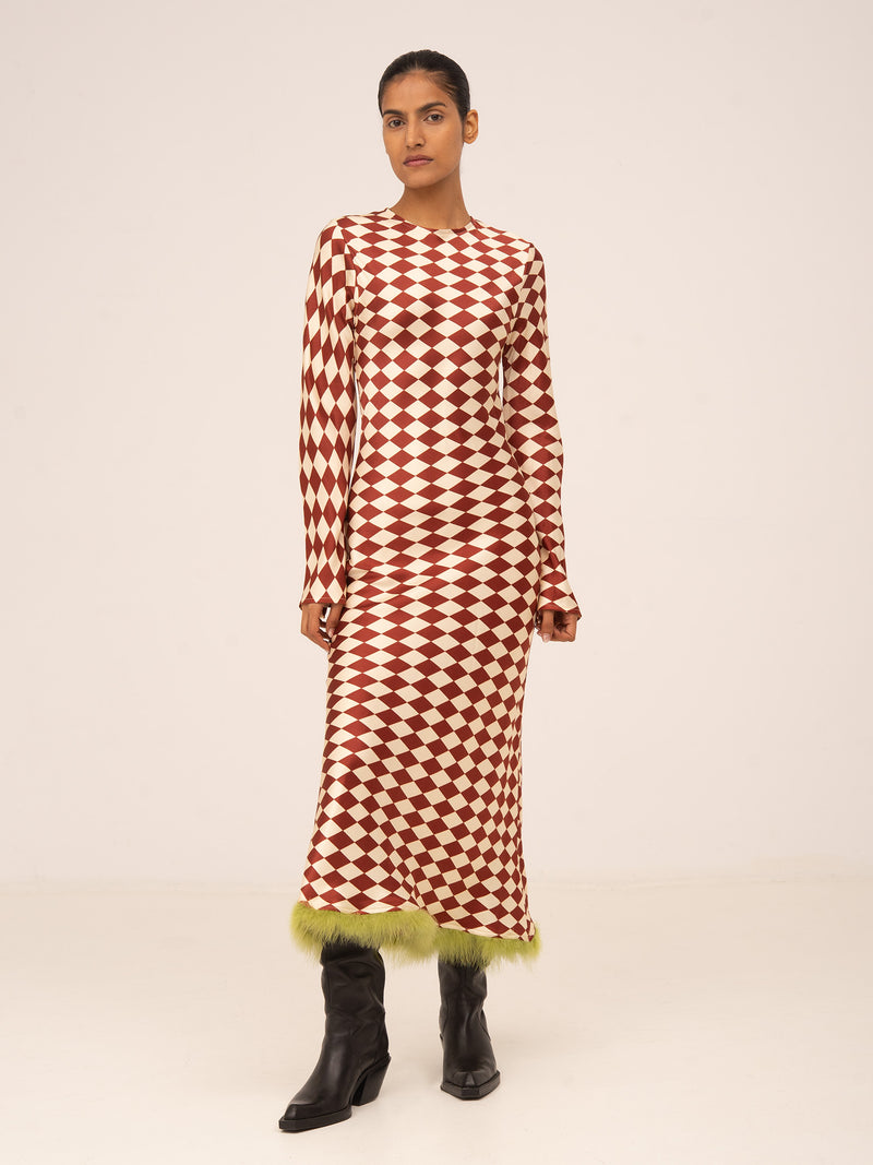 Elf Diamond Print Red Feather Dress