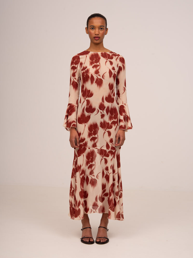 Red Jester Flower Print Midi Dress
