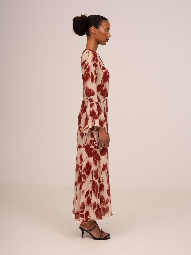Red Jester Flower Print Midi Dress