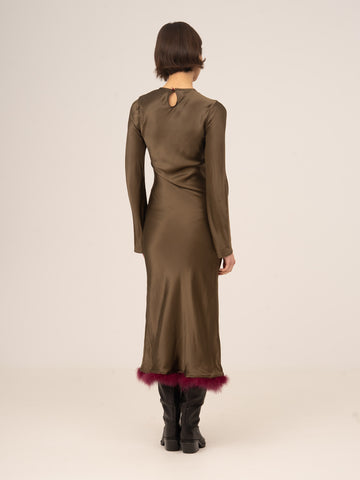 Brown midi dress with feather detail at the hem | CARMEN SAYS Brown midi dress with feather detail at the hem | CARMEN SAYS