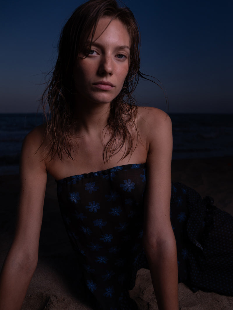 Palma Flower Print Strapless Asymmetric Top
