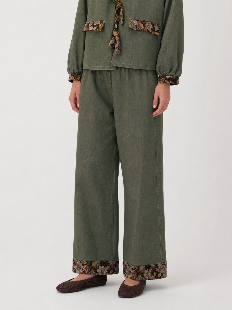 Daphne Olive Floral Hem Trousers