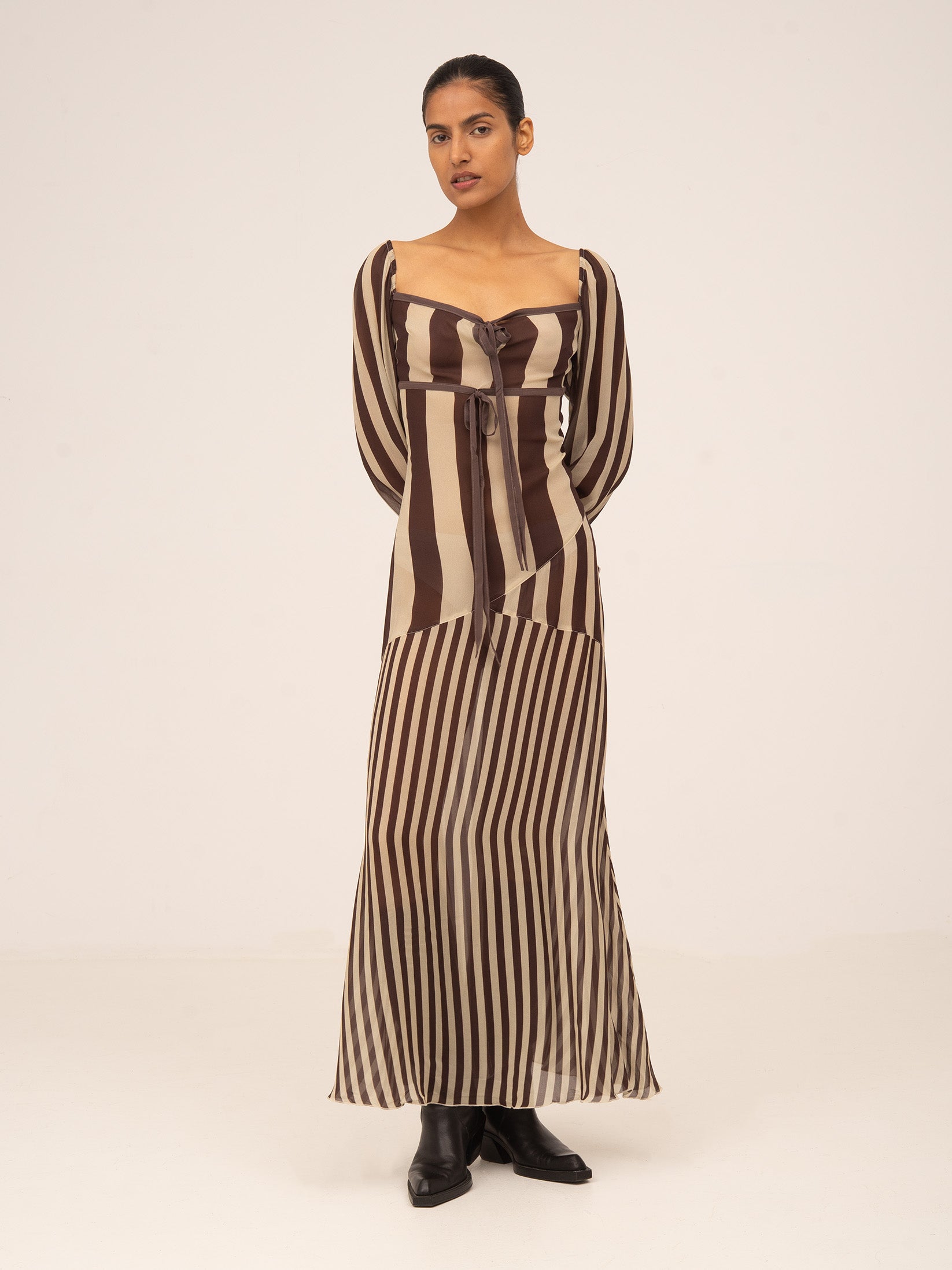 Long brown and cream striped dress with a square neckline | CARMEN