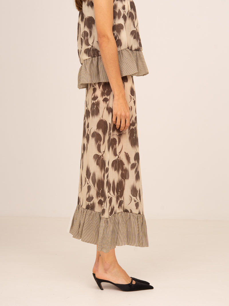 Bouquet Brown Flower Print Midi Skirt