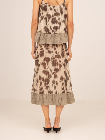 Bouquet Brown Flower Print Midi Skirt